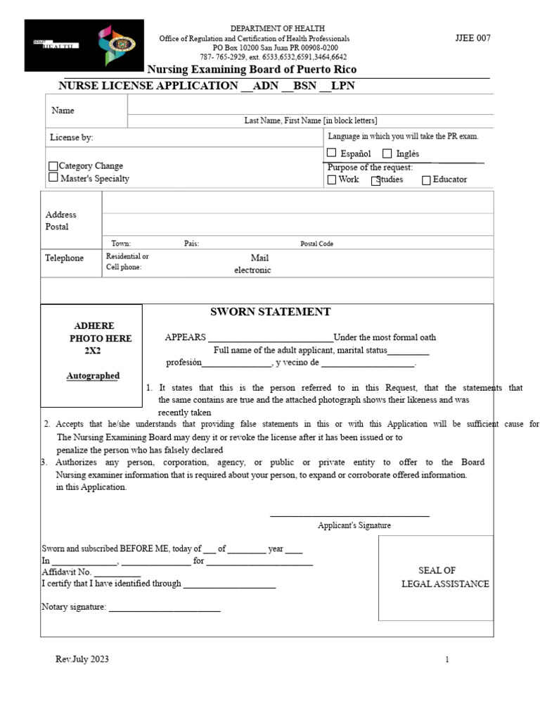 Puerto Rico Nurse License Application Form | PDF | Notary Public ...
