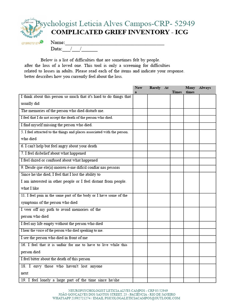 Complicated Grief Inventory Tool | PDF | Grief | Diseases And Disorders