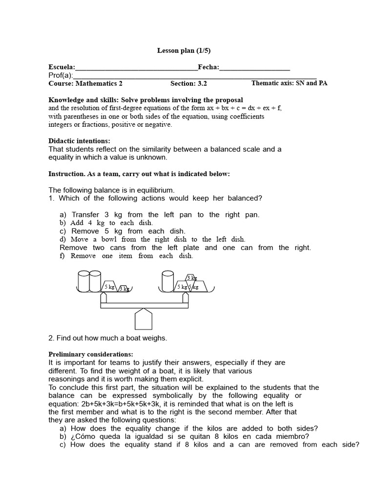 Lesson Plan For Solving First Degree Equations | PDF | Equations ...