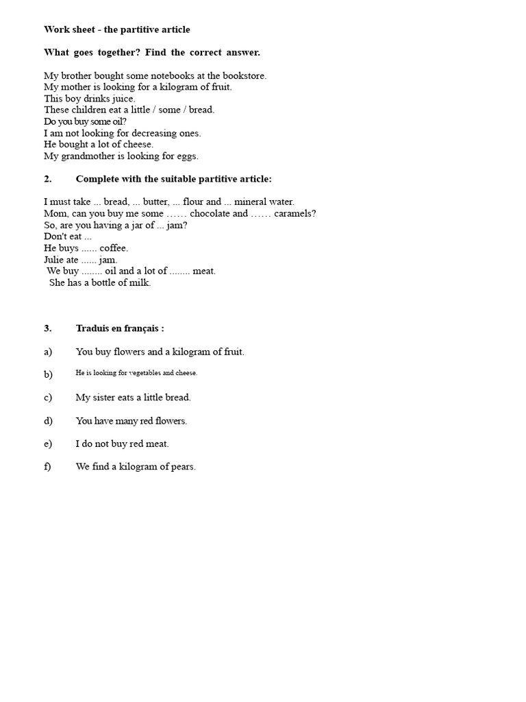Partitive Article Worksheet Exercises | PDF