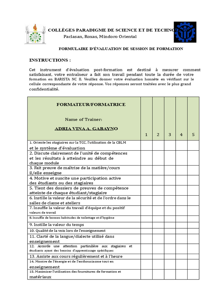 Évaluation de la Formation Barista NC II | PDF