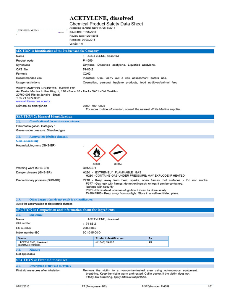 Acetylene Safety Data Sheet (SDS) | PDF | Firefighting | Toxicity