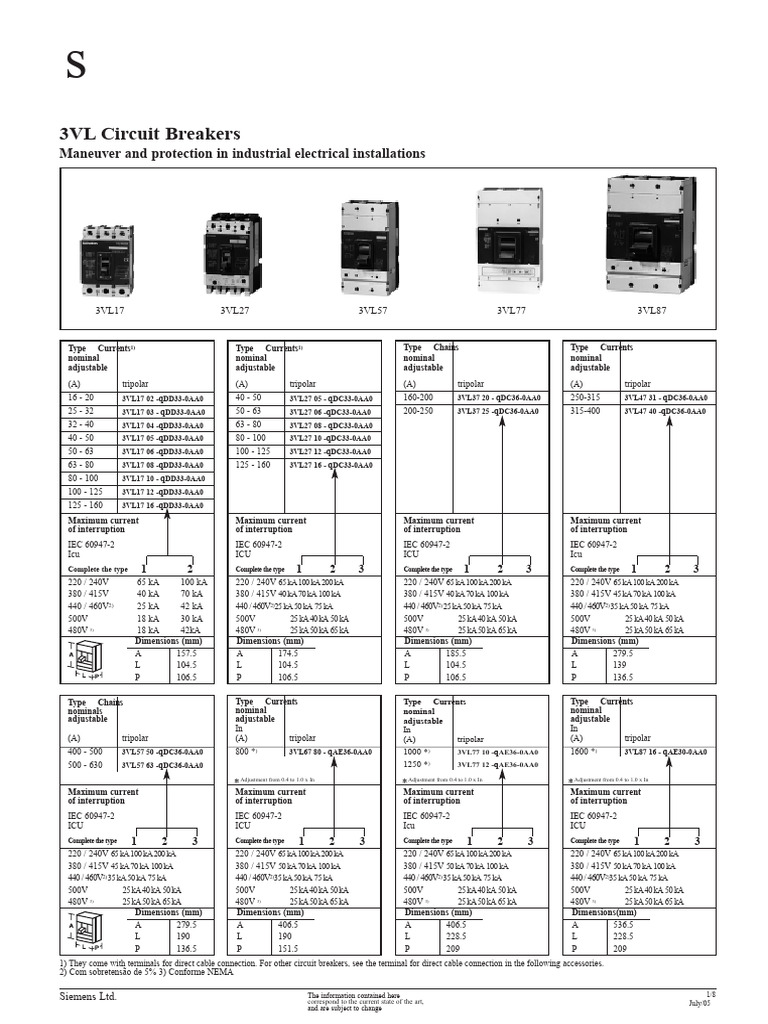 3VL Circuit Breakers Specifications Guide | PDF | Inductor | Equipment