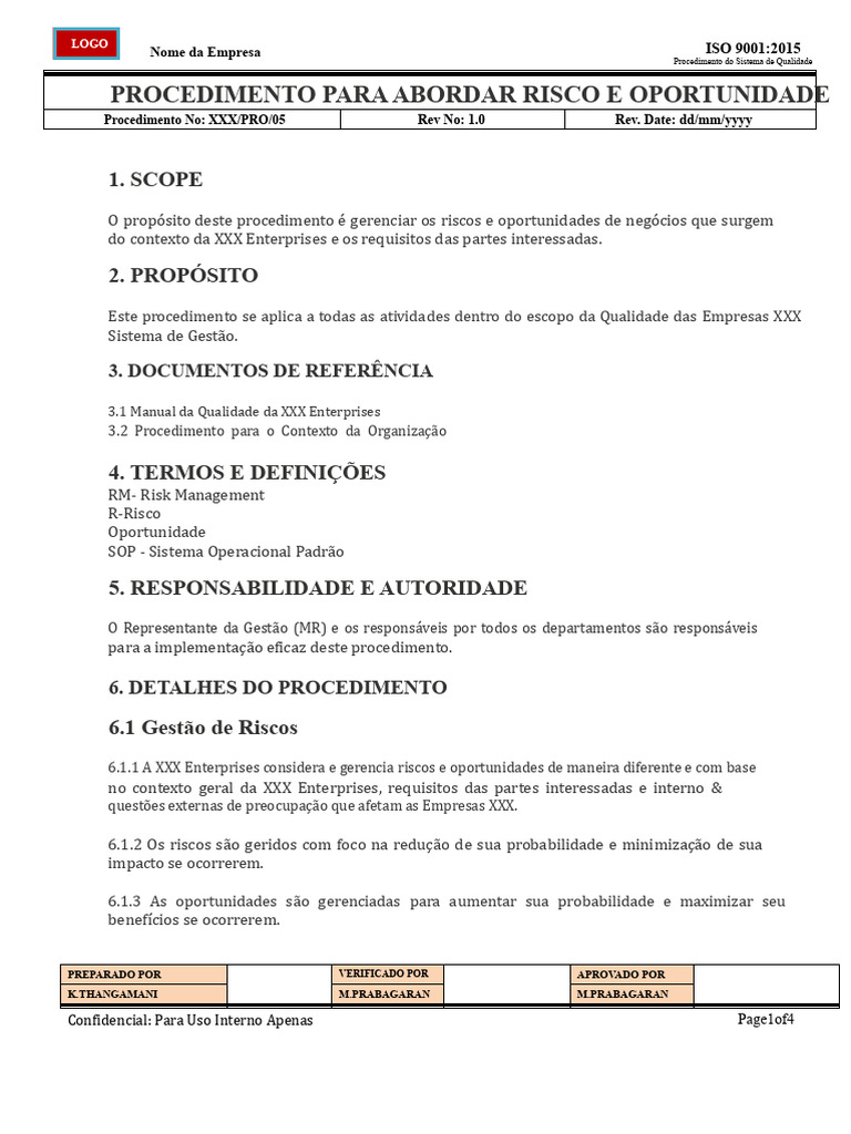 Gestão de Riscos e Oportunidades ISO 9001 | PDF | Avaliação de risco ...
