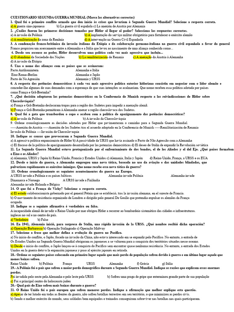 Questionário sobre a Segunda Guerra Mundial | PDF | Segunda Guerra ...