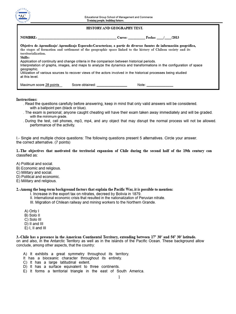 Chile History and Geography Test Guide | PDF | Chile