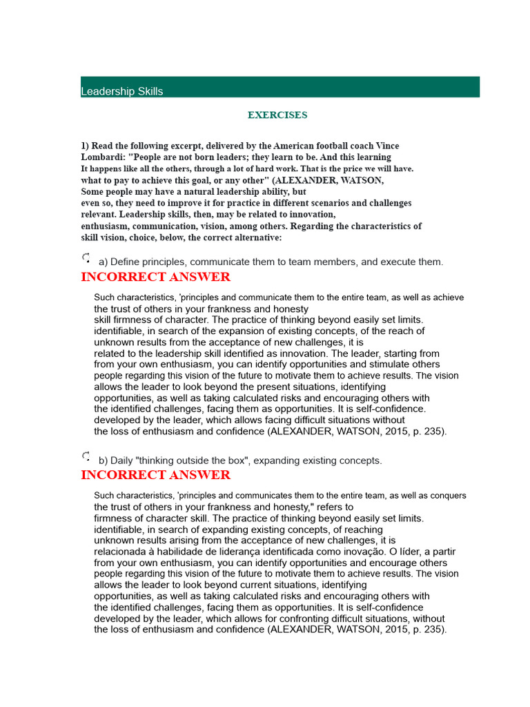 EXERCISES - Leadership Skills | PDF | Leadership | Transformational ...