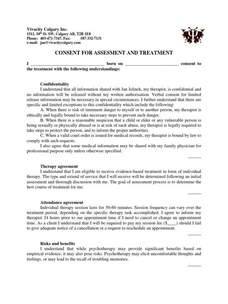 Consent For Assesment and Treatment | PDF | Confidentiality | Psychotherapy