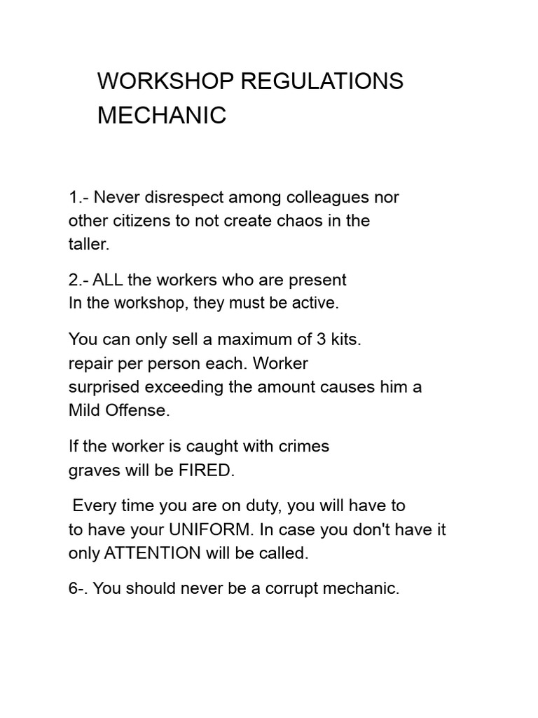 Mechanic Workshop Regulations Guide | PDF