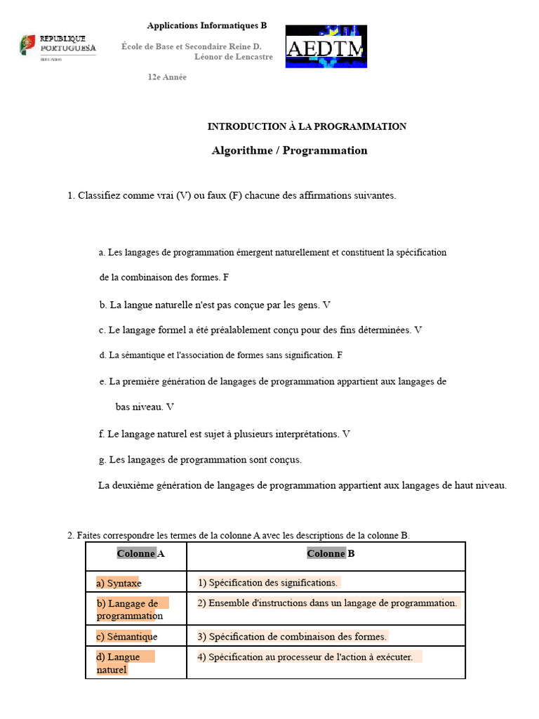 Introduction à la Programmation et Algorithmes | PDF | Programmation ...