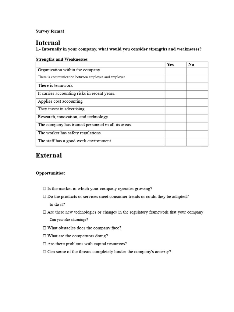 Company SWOT Analysis Survey Template | PDF