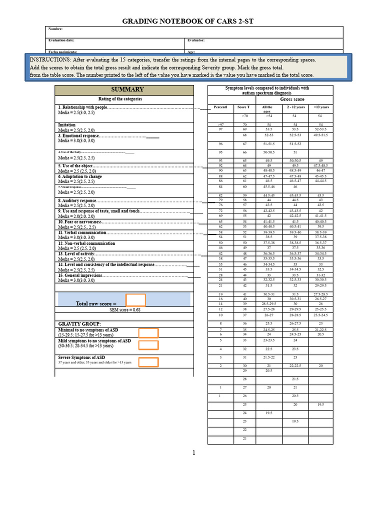 CARS 2-ST Evaluation Grading Guide | PDF | Psychological Concepts ...