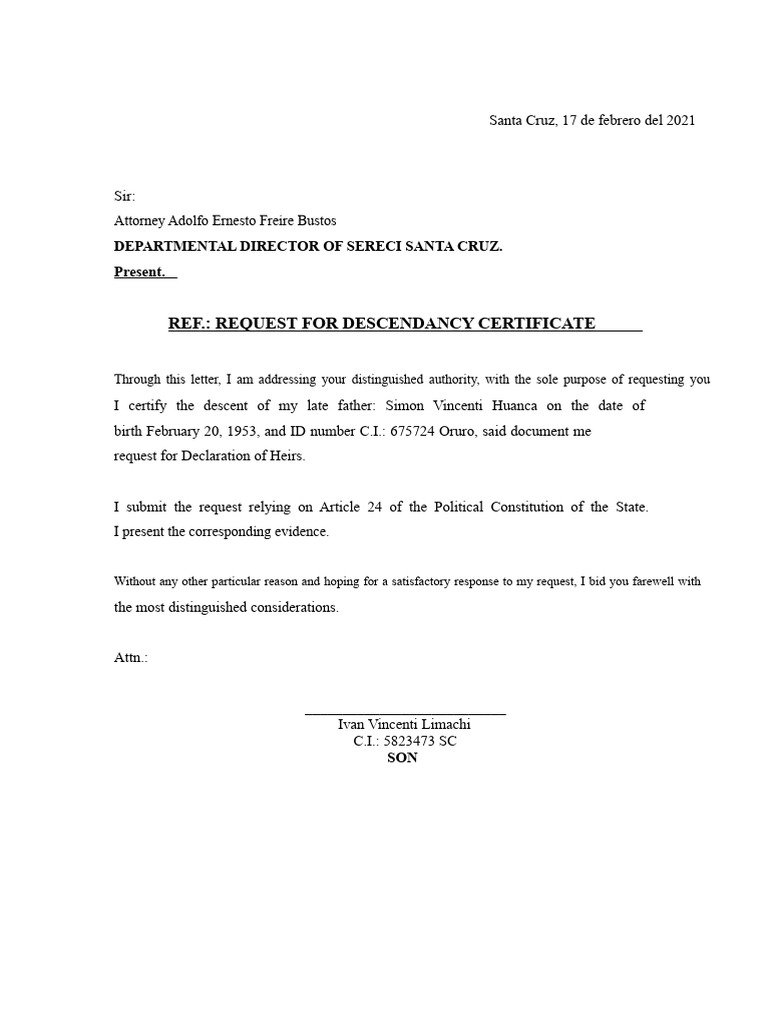 LETTER - Request for Certificate of Descent (Ivan) | PDF