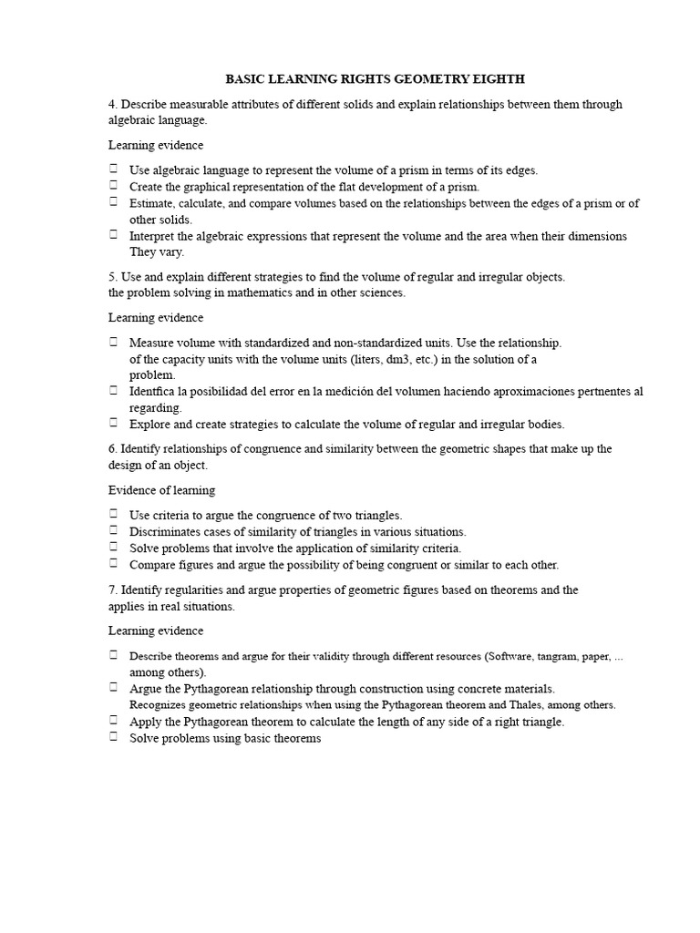 BASIC LEARNING RIGHTS GEOMETRY 8TH AND 9TH GRADE summarized | PDF ...