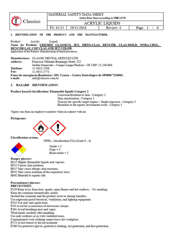 Acrylic Liquid Safety Data Sheet | PDF | Waste Management | Firefighting