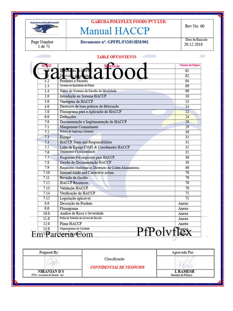 Manual HACCP da Garuda Polyflex Foods | PDF | Food and Drug ...