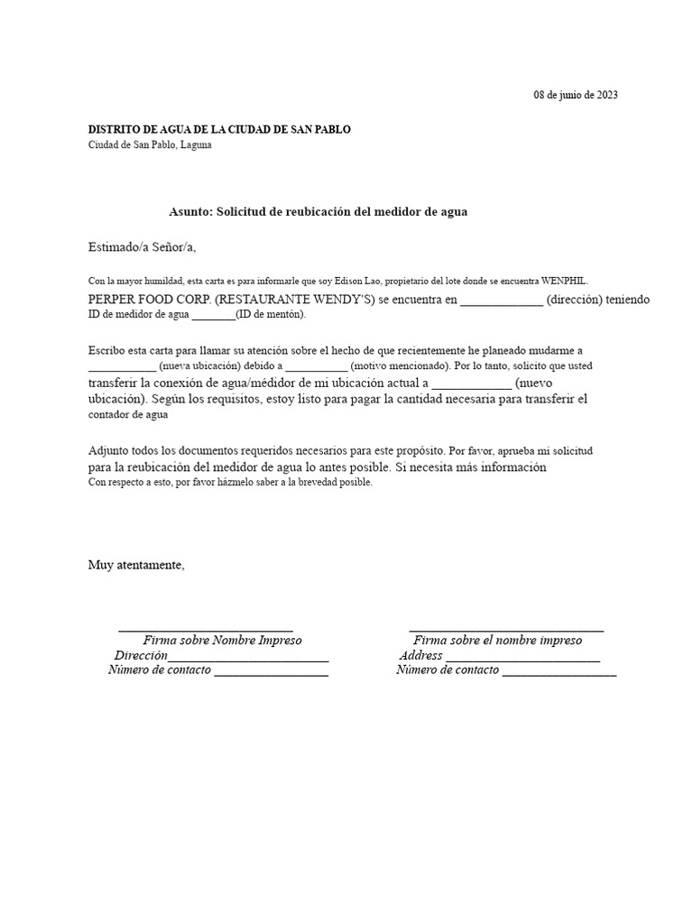 Solicitud de Reubicación Del Medidor de Agua | PDF