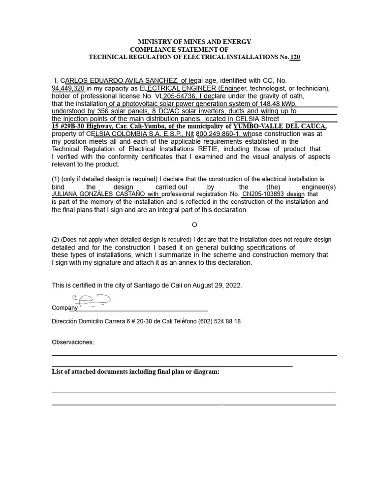 Compliance Statement for Solar Installation | PDF