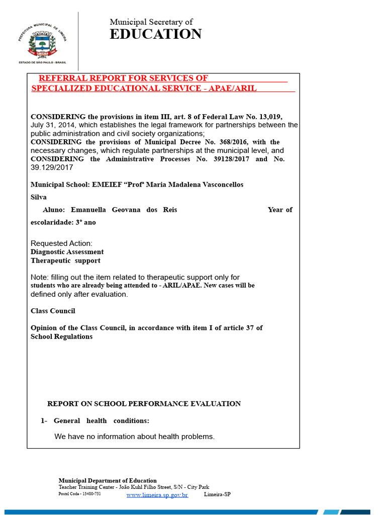 Referral Report for Aee Evaluation - Apae - Complete Aril | PDF ...