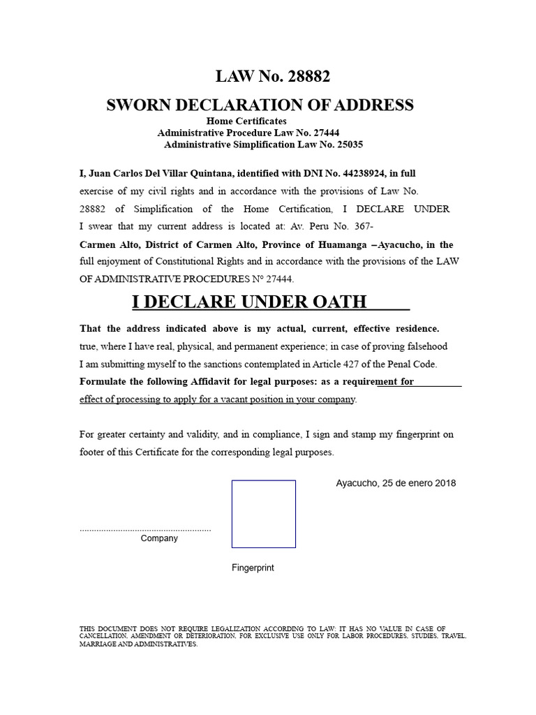 Sworn Address Declaration Form | PDF