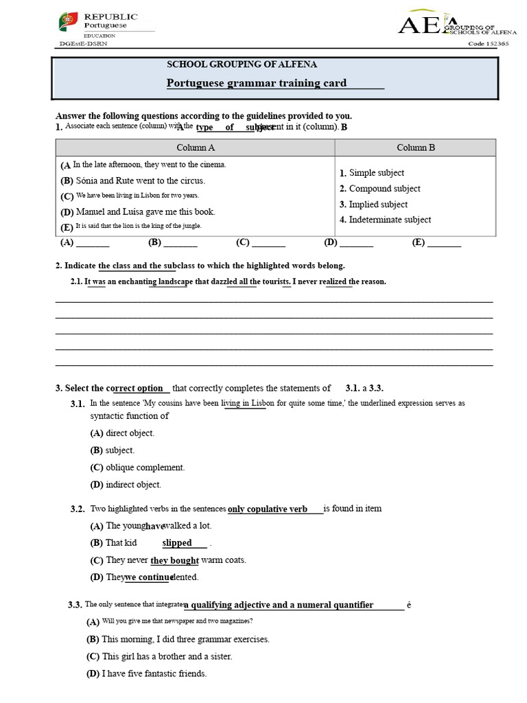 Grammar Sheet 8th Grade 22-23 | PDF | Subject (Grammar) | Question