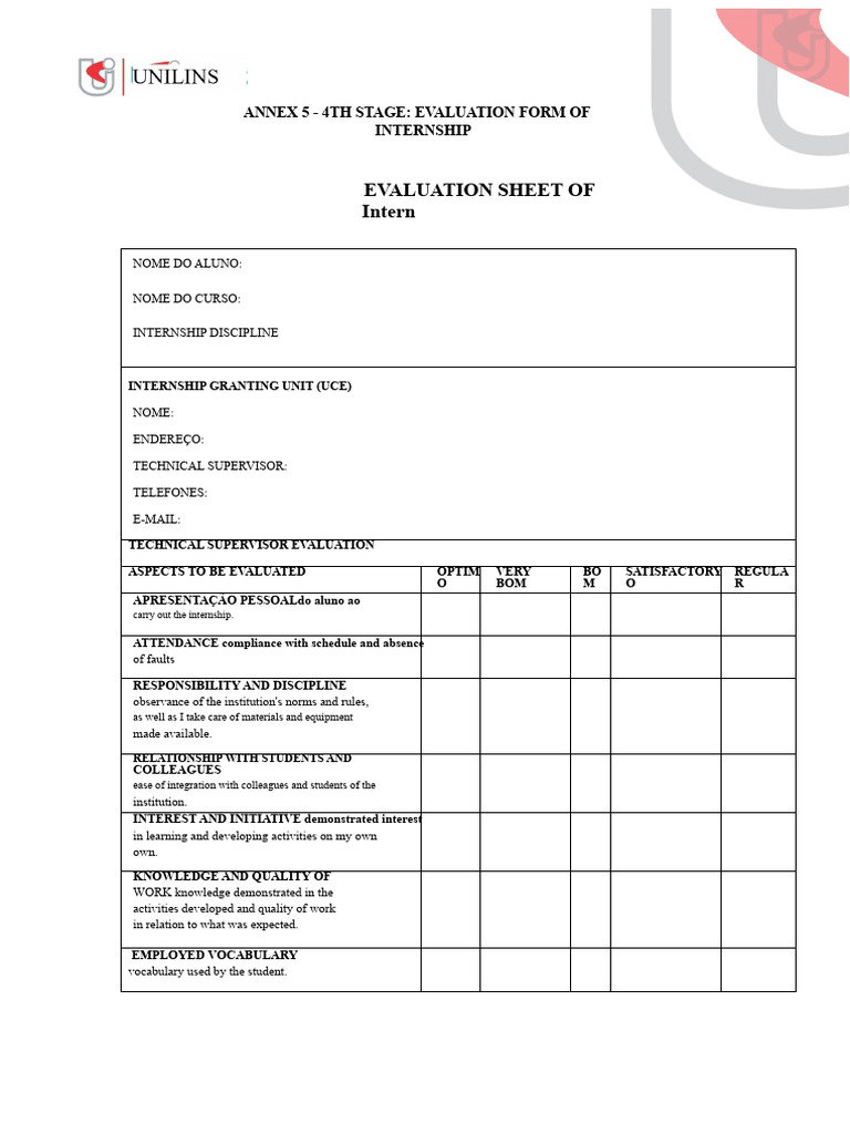 4TH Stage - Unilins Intern Evaluation Form | PDF