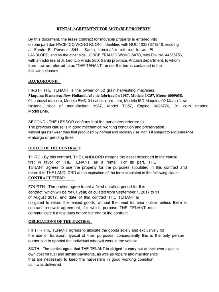 Rental Agreement for Harvesting Machines | PDF | Leasehold Estate | Lease