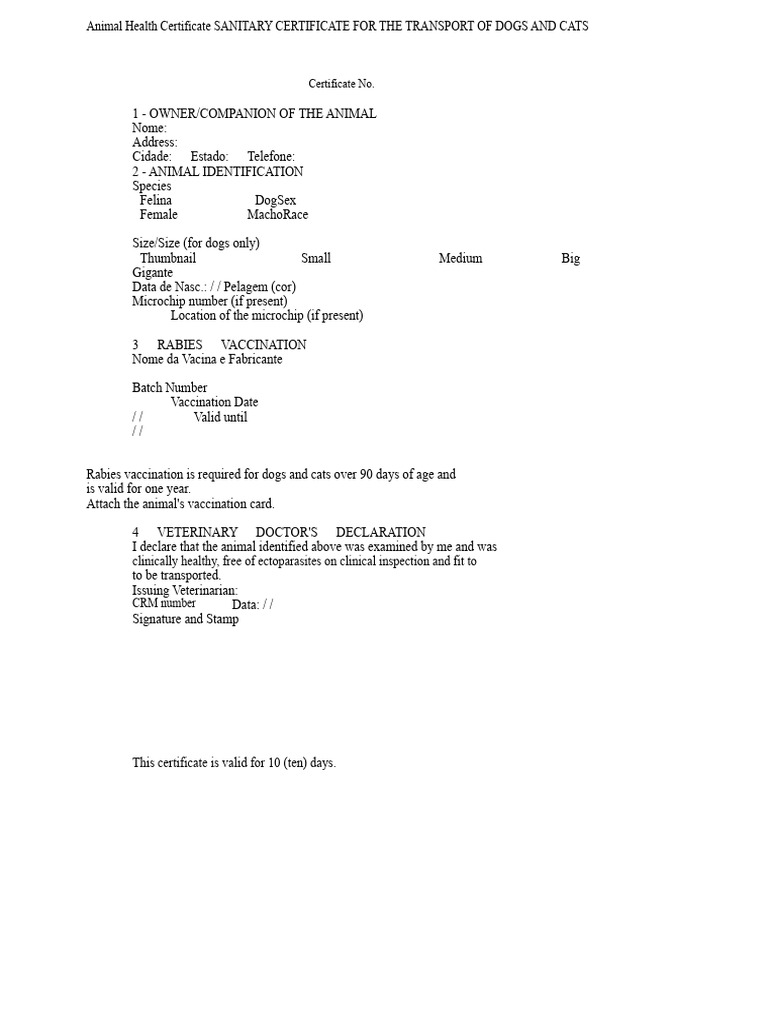 Dog and Cat Health Transport Certificate | PDF
