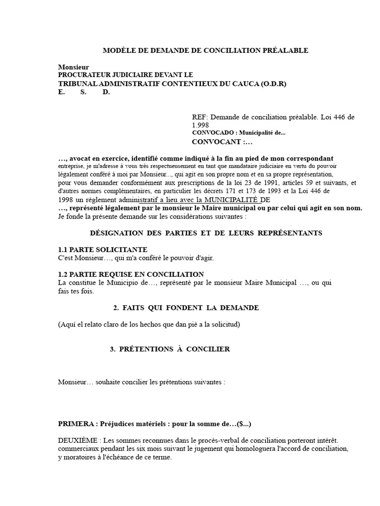 Modèle de demande de conciliation préalable | PDF