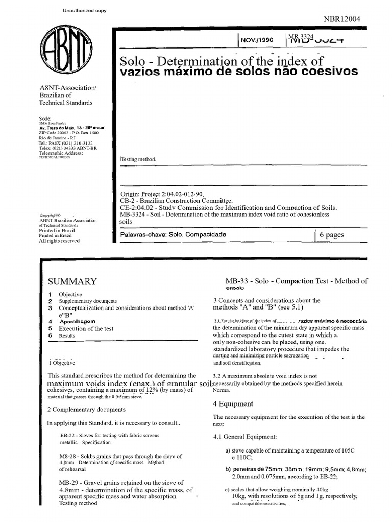 NBR 12004 - Determination of The Maximum Void Index of Soils | PDF