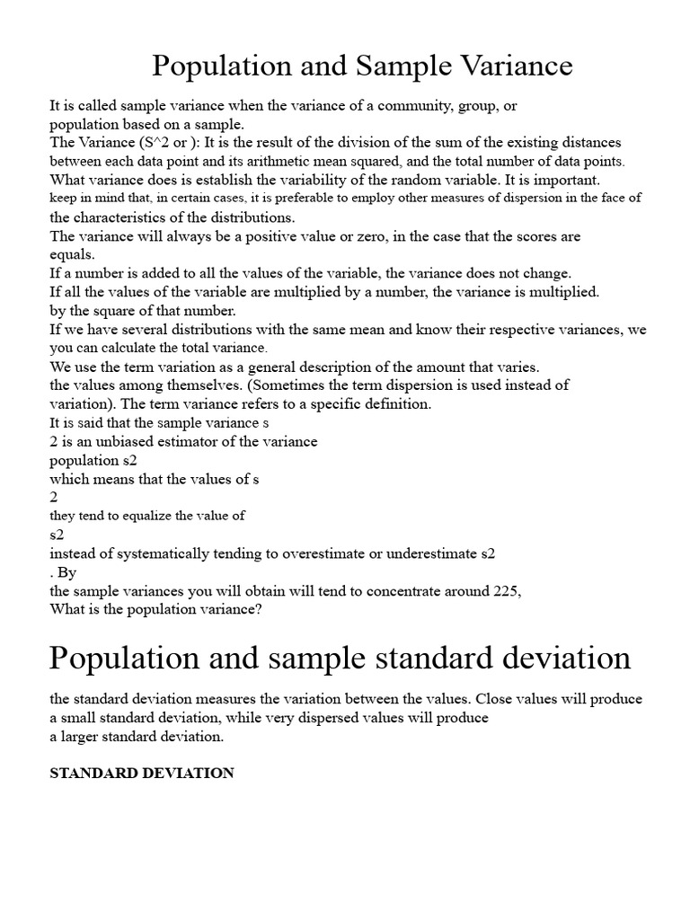 Population and Sample Variance | PDF | Variance | Standard Deviation