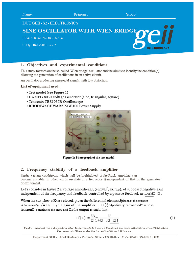 TP ELN S2 6 Wien Bridge Oscillator | PDF | Electronic Oscillator ...