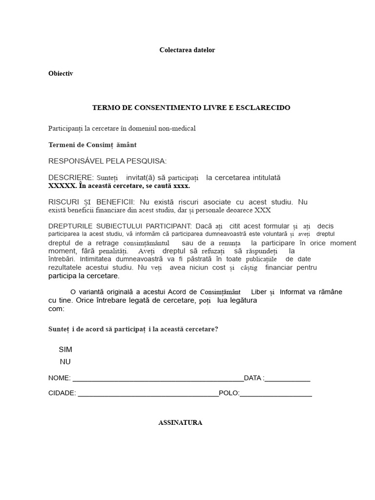 Model de Formular de Consimțământ Liber Pentru Proiect Integrator ...