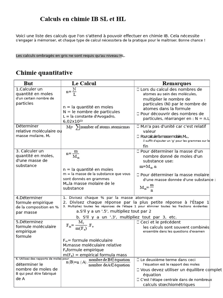 Calculs de chimie IB SL et HL | PDF | Équilibre chimique | Ph