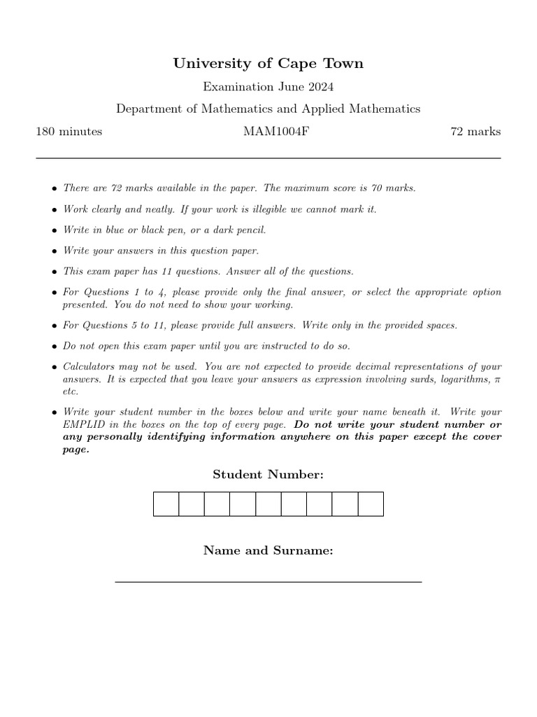 UCT June 2024 Mathematics Exam Paper | PDF | Mathematics | Mathematical ...