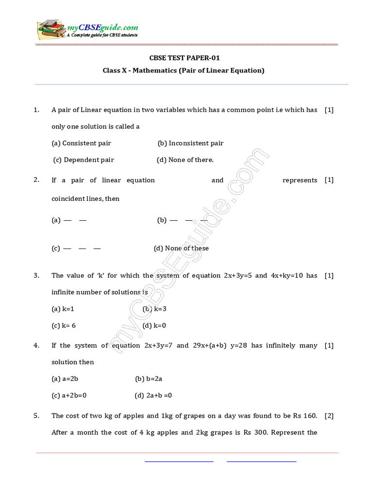 Class X Math Test Paper: Linear Equations | PDF | Equations | Algebra
