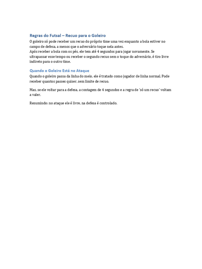 Regras do Futsal: Recuo do Goleiro | PDF