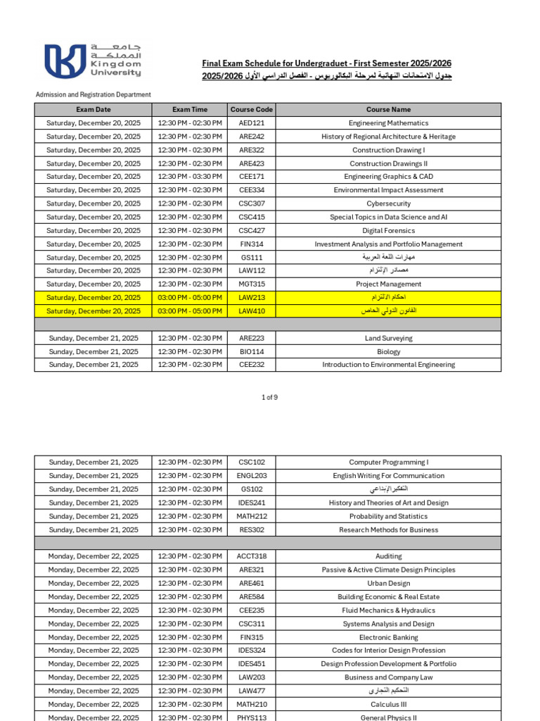 Final Exam Schedule 2025/2026 | PDF