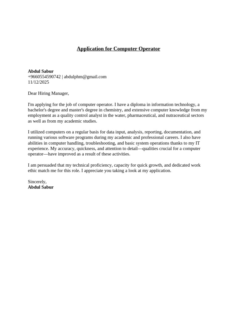 Computer Operator Job Cover Letter | PDF