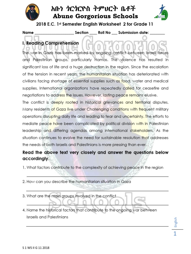 Grade 11 English Worksheet 2018 | PDF | Gaza Strip | Israeli ...