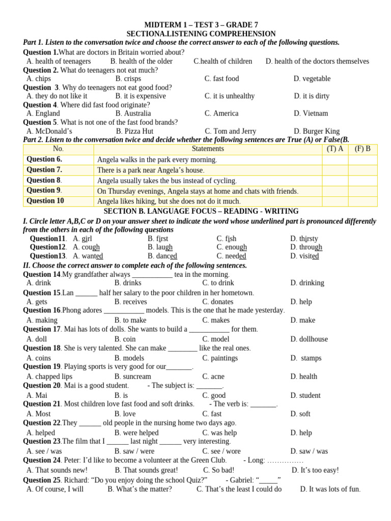 MIDTERM 1 - TEST 2 - GRADE 7 | PDF