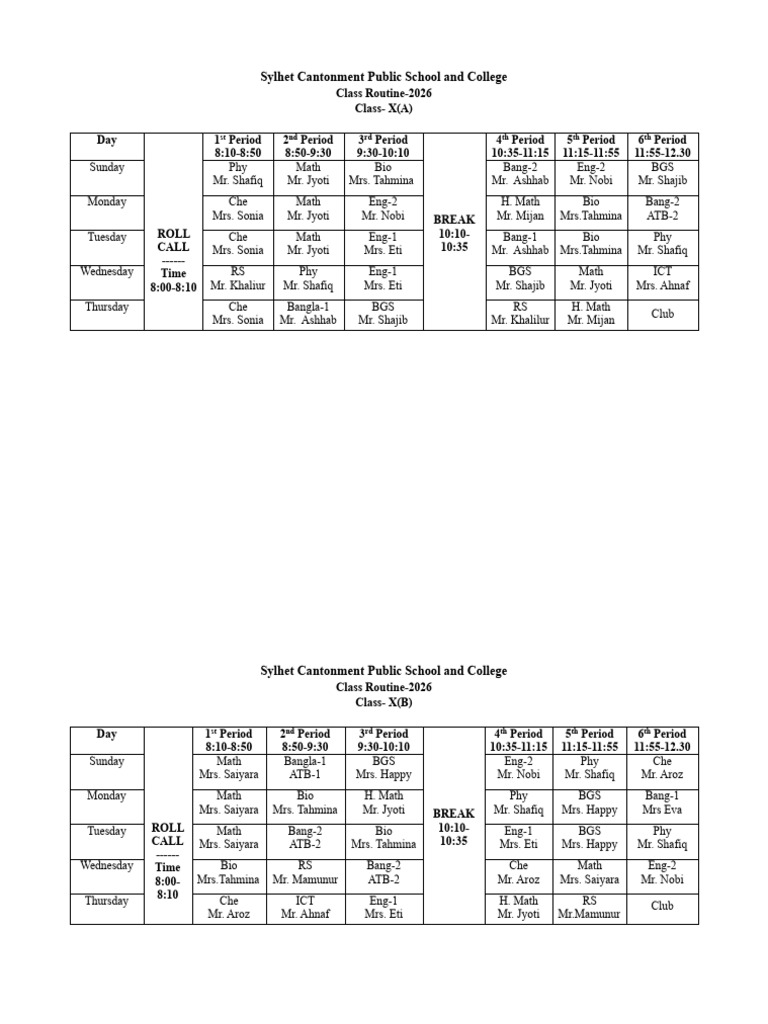 Sylhet Cantonment Class X Routine 2026 | PDF