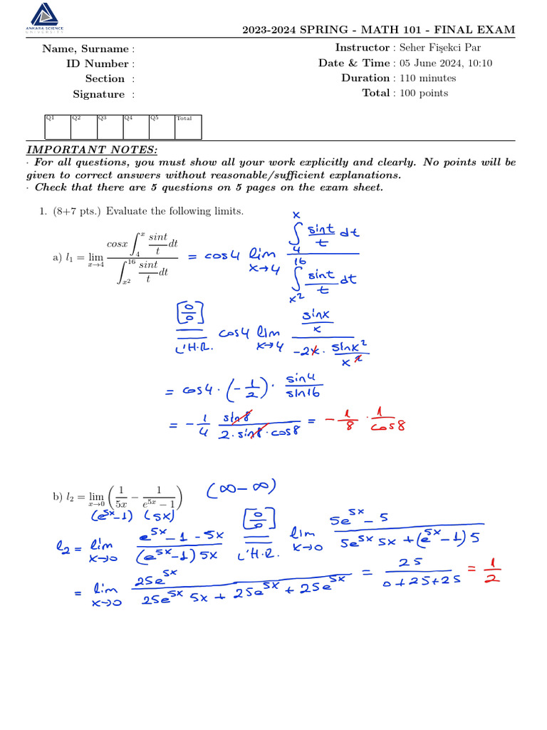 Math 101 Final Exam Spring 2024 | PDF | Calculus | Mathematical Relations