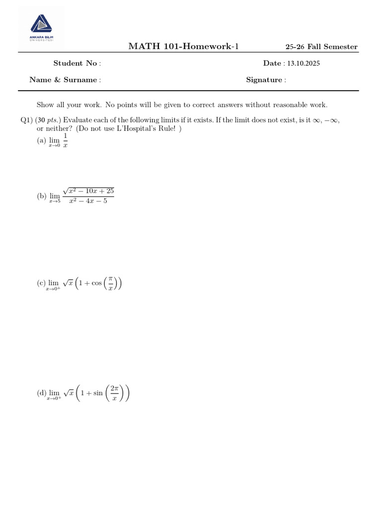 25-2F Math 101 Homework-1 | PDF