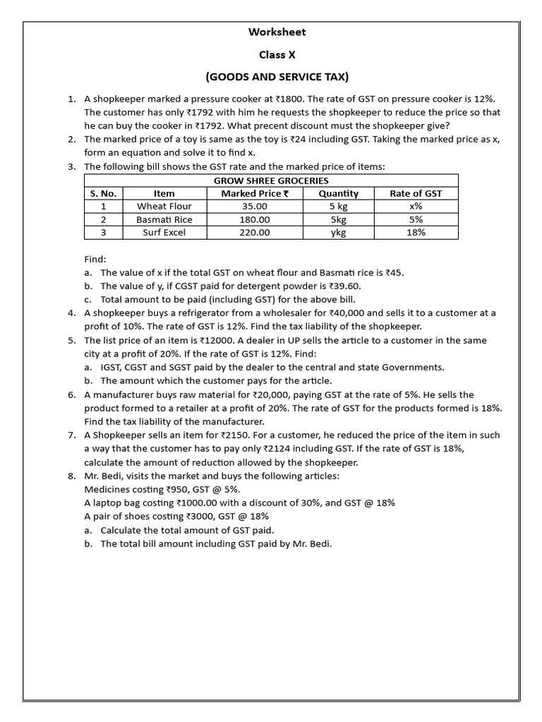 Class X GST Calculation Worksheet | PDF | Value Added Tax | Prices