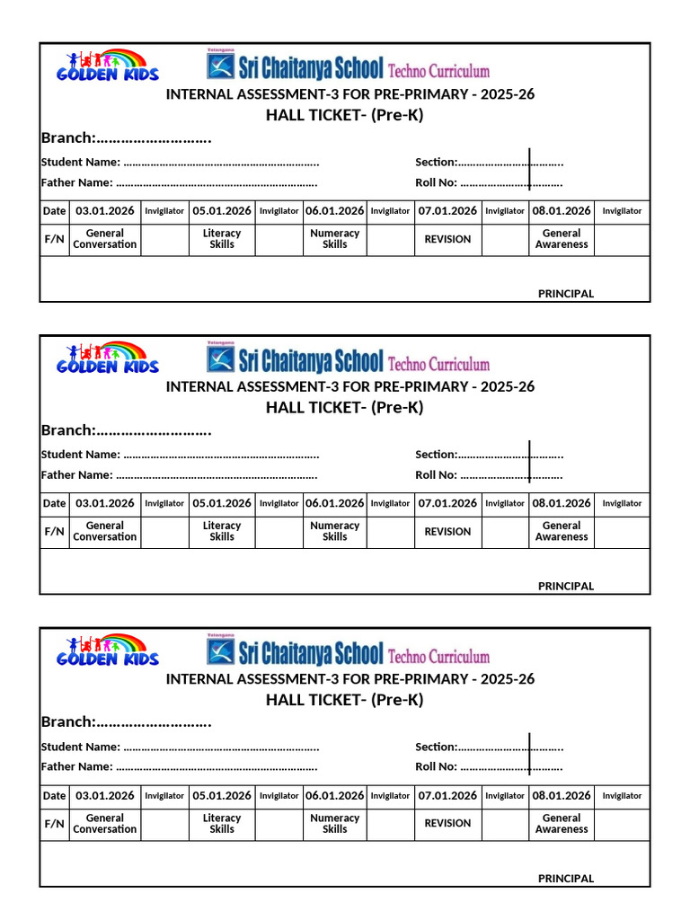 Pre-Primary Internal Assessment Hall Ticket | PDF | Procedural ...