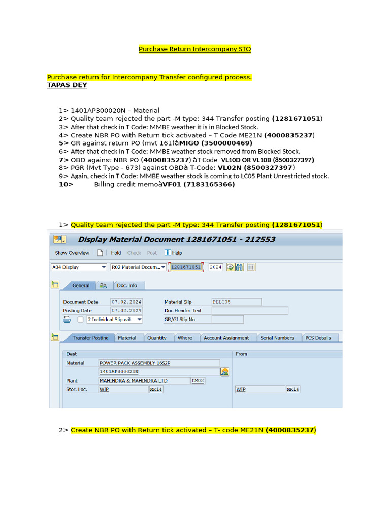 Purchase Return Intercompany STO PO-SOP | PDF