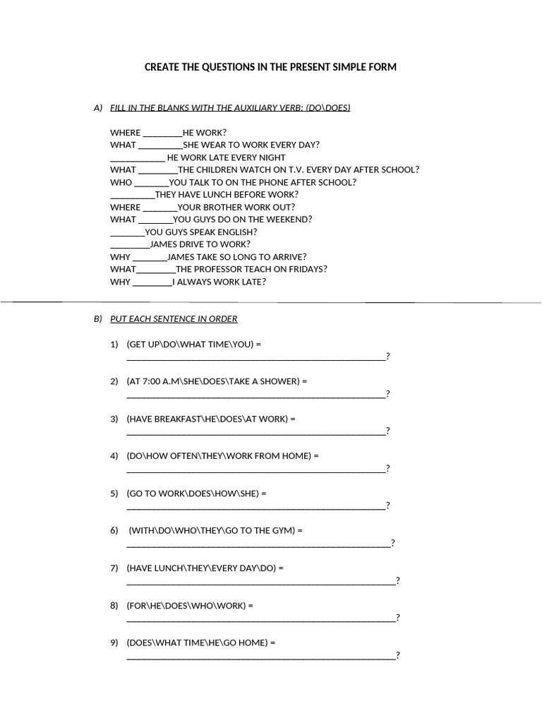 Create the Questions in the Present Simple Form | PDF