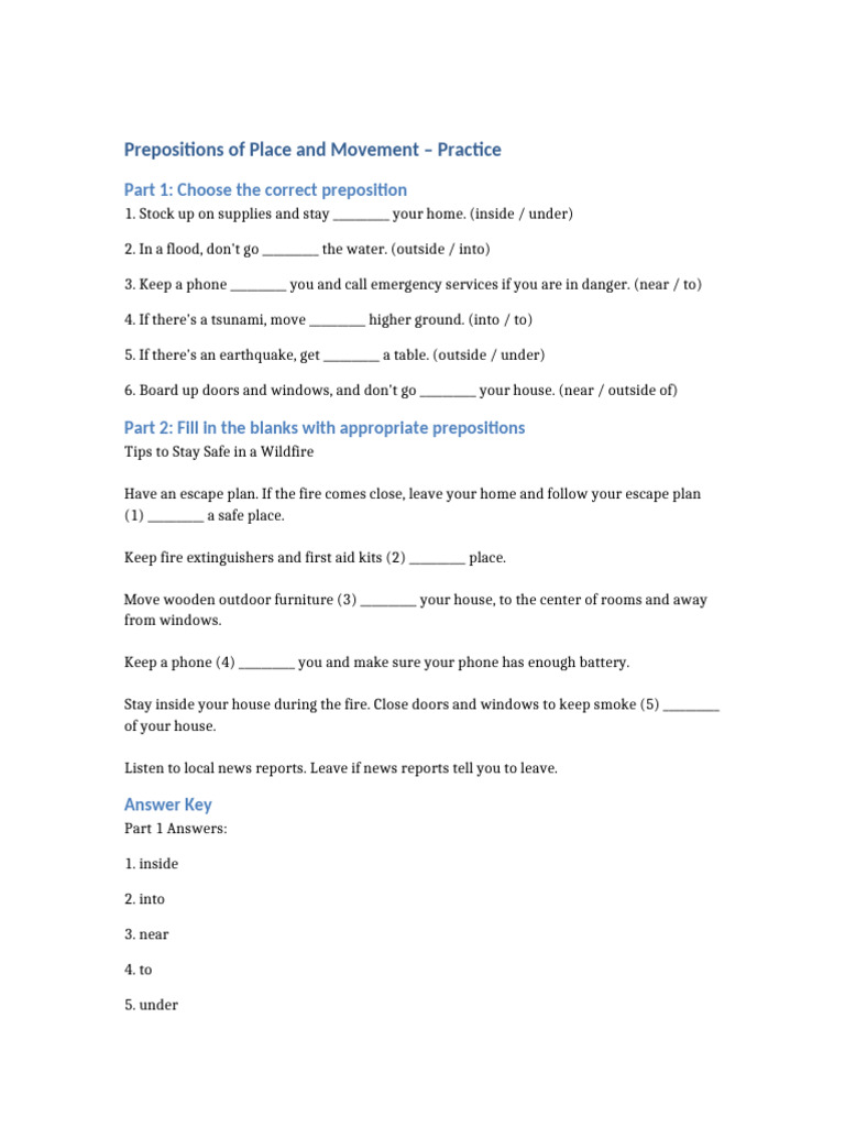 Prepositions of Place and Movement Practice | PDF