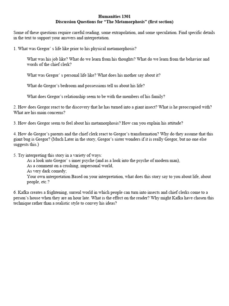 Discussion Questions for "The Metamorphosis" | PDF